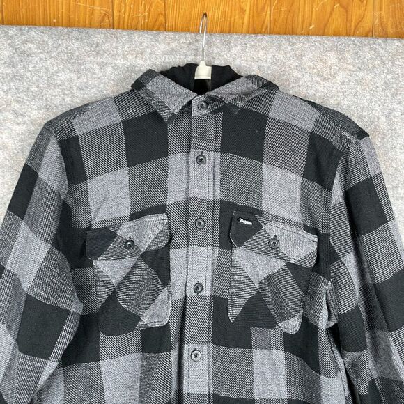 BRIXTON Bowery Mens Flannel Hoodie Hooded Size M Medium Gray Black Plaid USA EUC - Picture 2 of 9